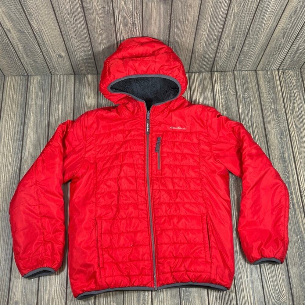 Eddie Bauer Puffer Jacket Reversible XL 16 Red Gray Outdoor Gorpcore Faux Fur